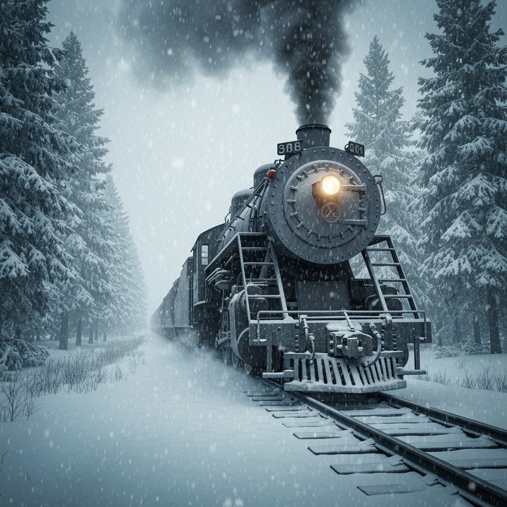 Snowy Forest Train Journey in Hyperrealistic Style