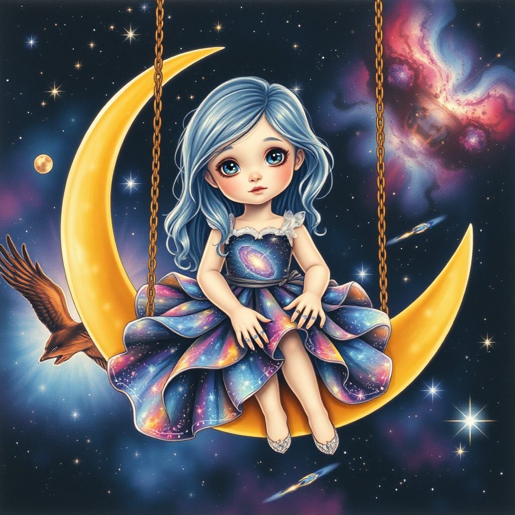 Dreamy Girl Sits on Crescent Moon Swing in Space