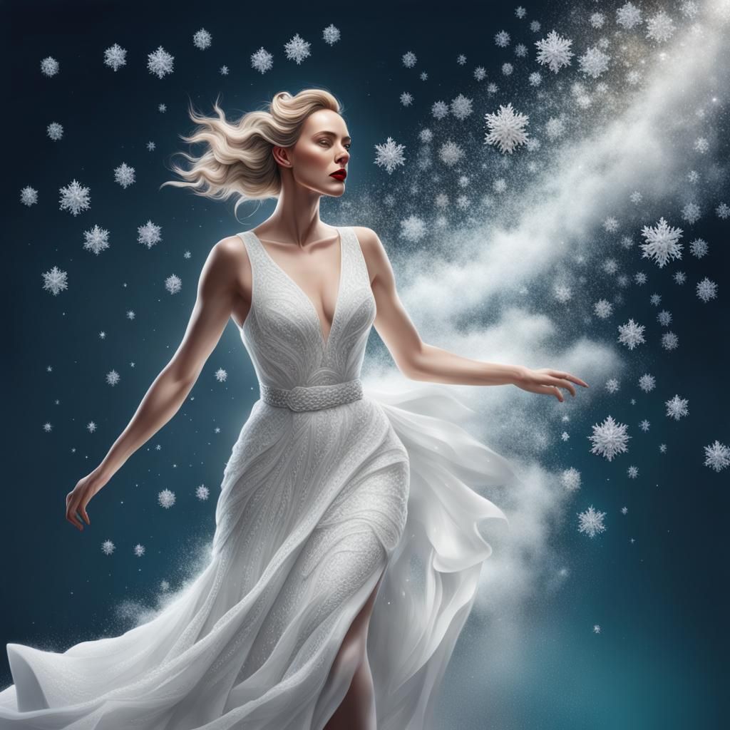 Woman in Floating Dress with Stair Train