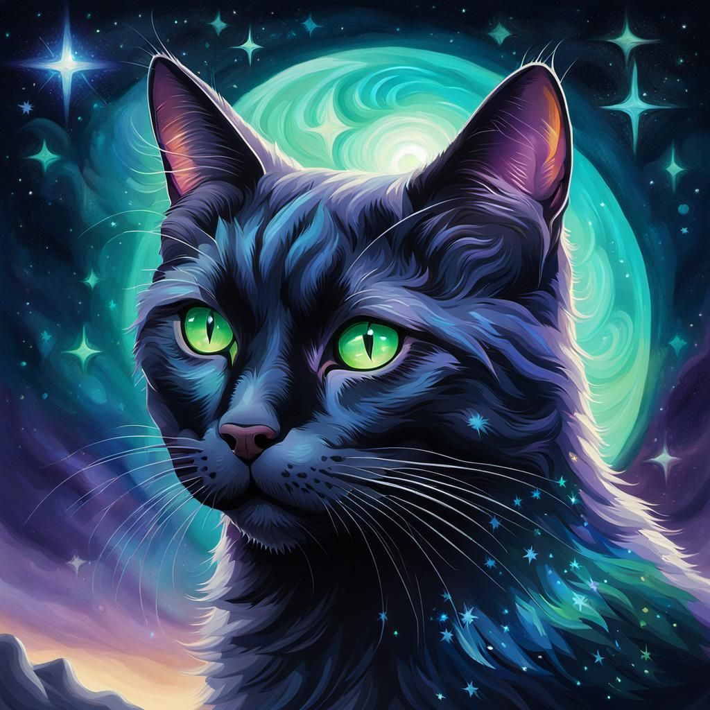 Sapphire-Eyed Black Cat in Art Nouveau Style