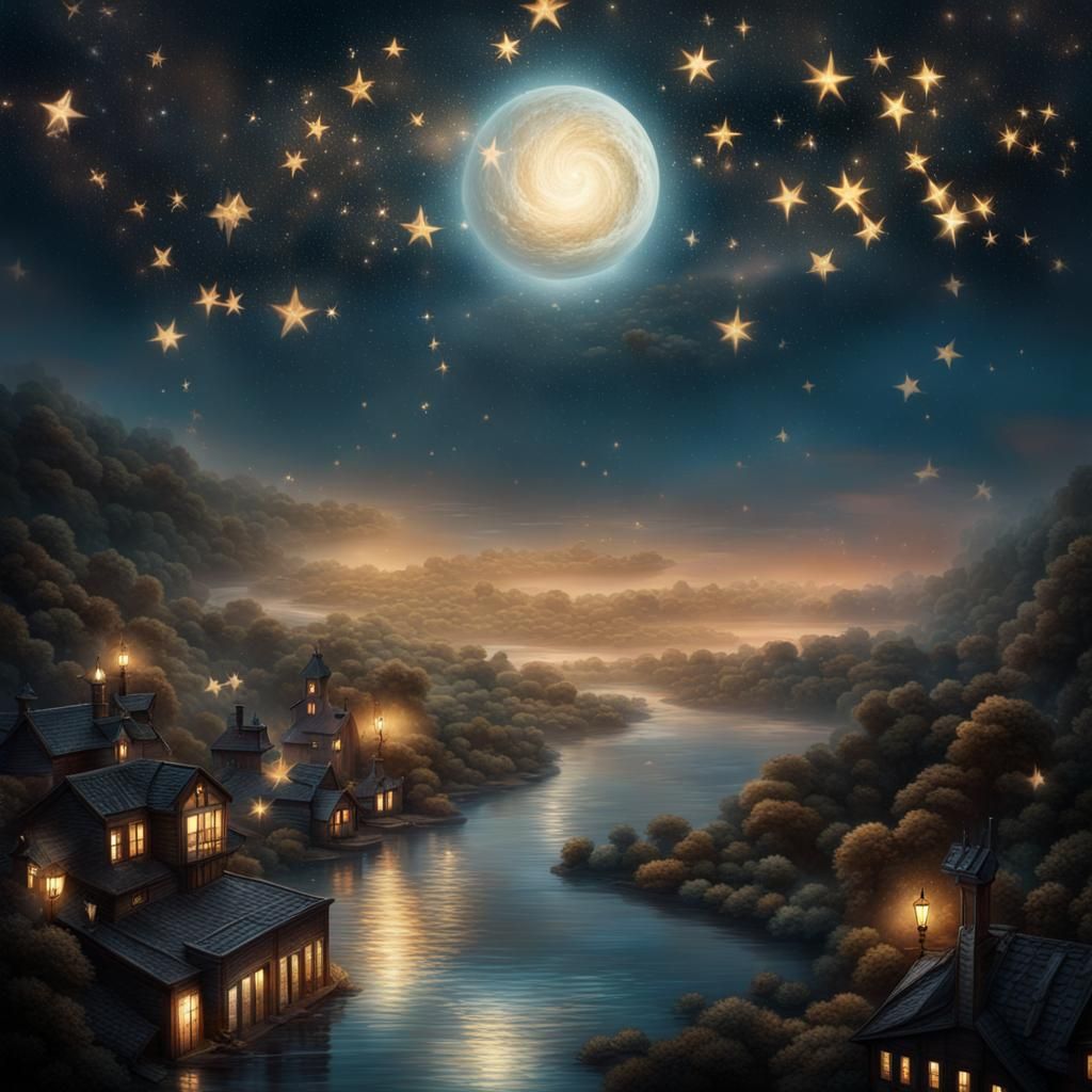 Nostalgic Reverie: Starry Night in Detailed Matte Painting