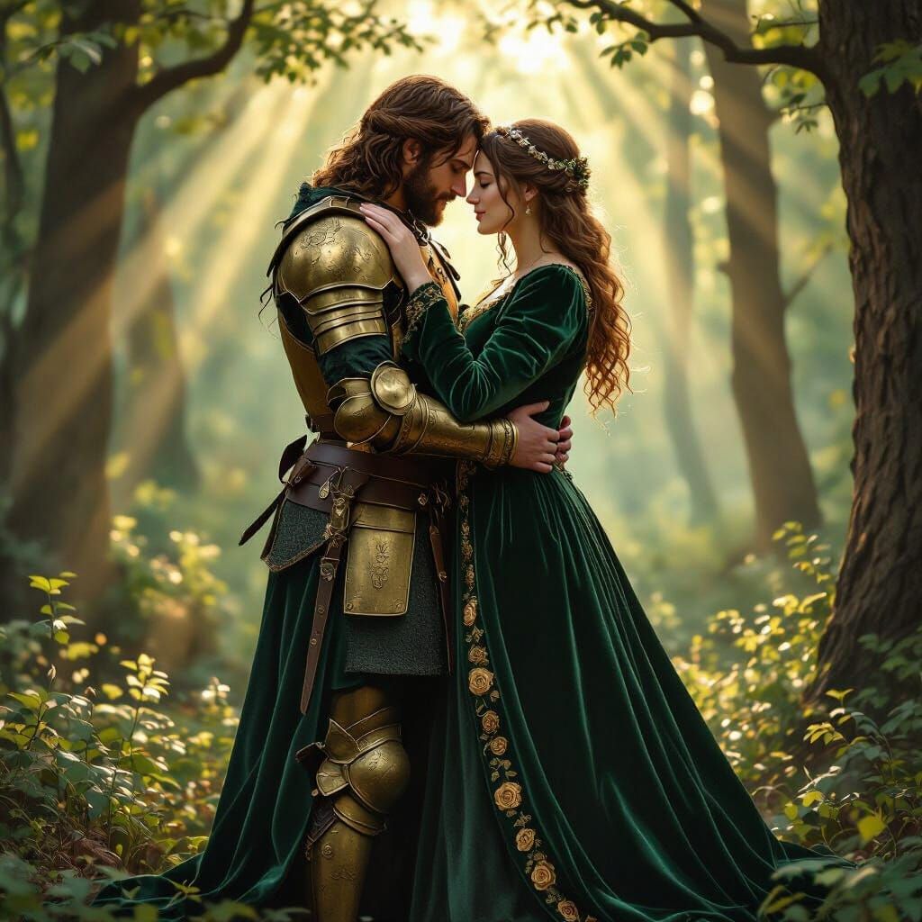 Medieval Couple's Forest Embrace in God Rays