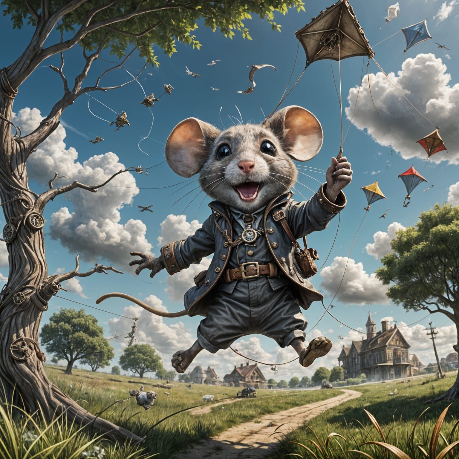 Terrified Steampunk Mouse Pulled Skyward by Kite