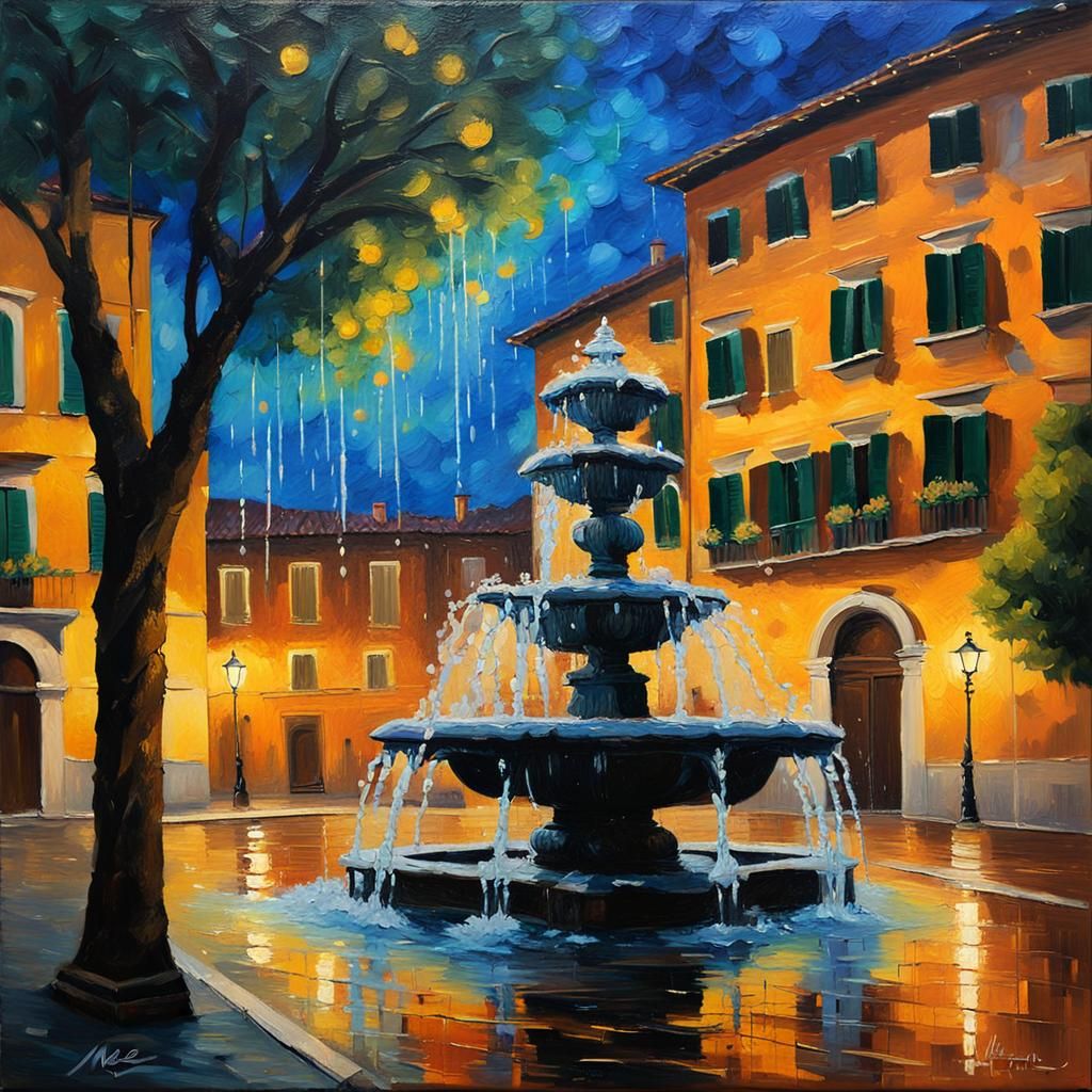 "An ancient fountain in the center of a city square in Italy...