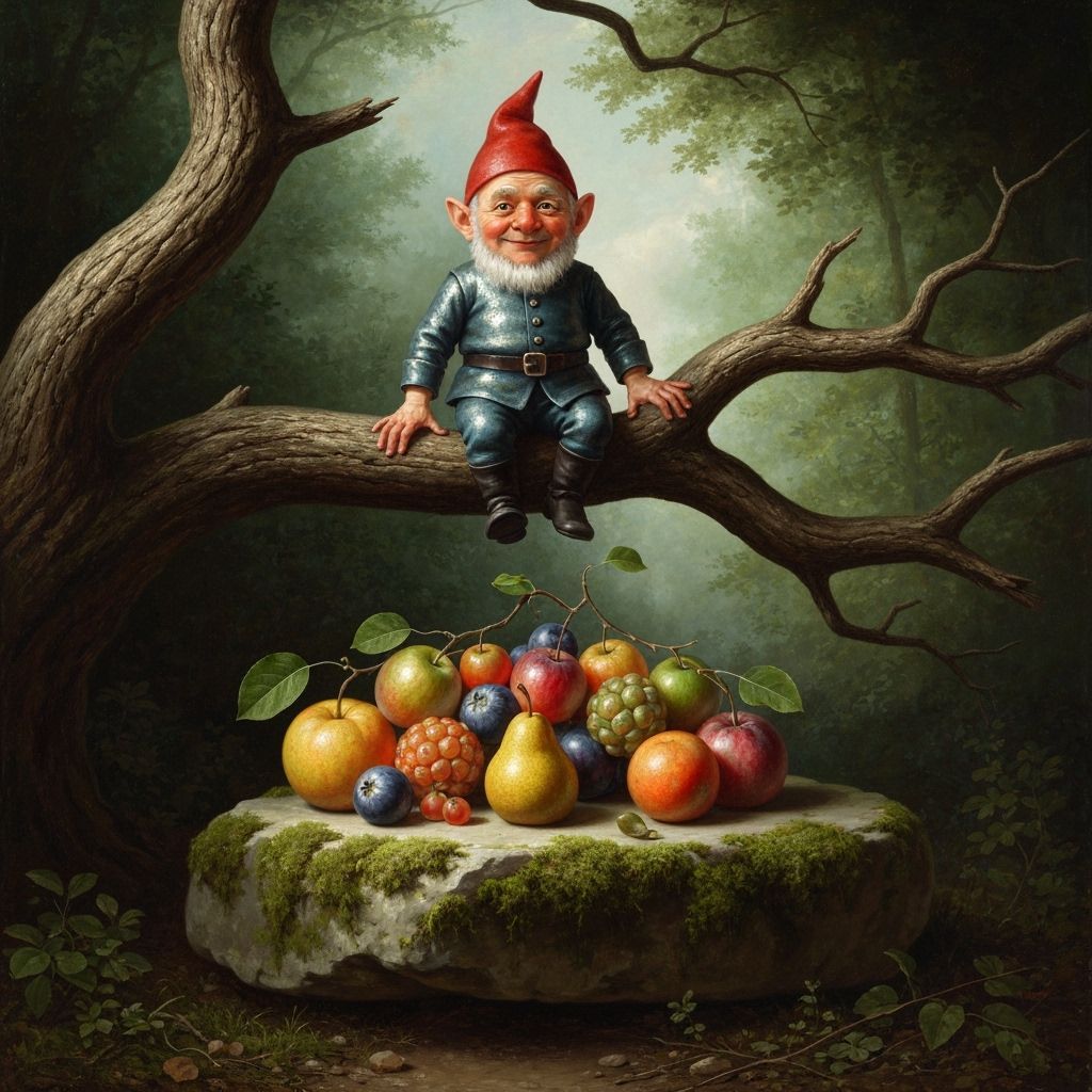 Gnome on Branch with Still Life, Dutch Golden Age Style