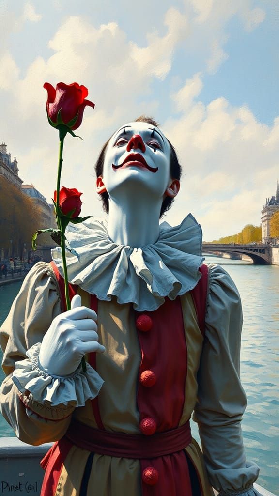 Pierrot Clown with Rose on Seine Banks, Impressionist Style