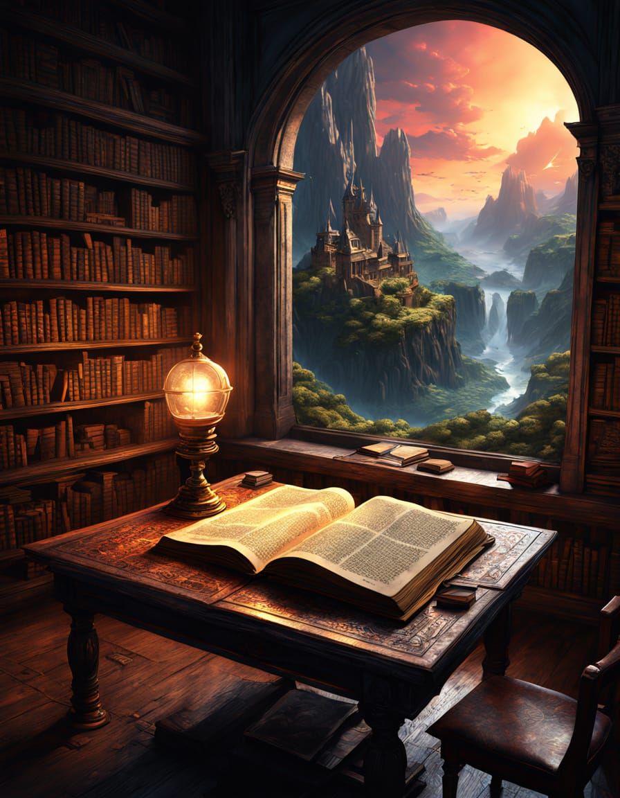 Holographic Landscape Book Rises from Antique Library Table