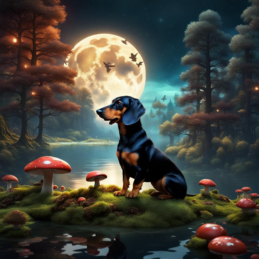 Dachshund Howling at Moon on Fairy Island
