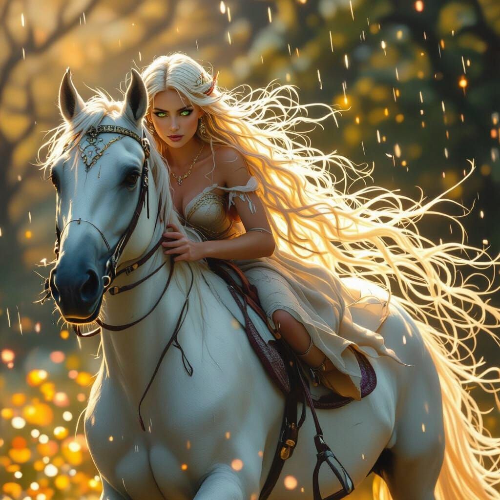 Elven Princess on Unicorn in Mystic Forest
