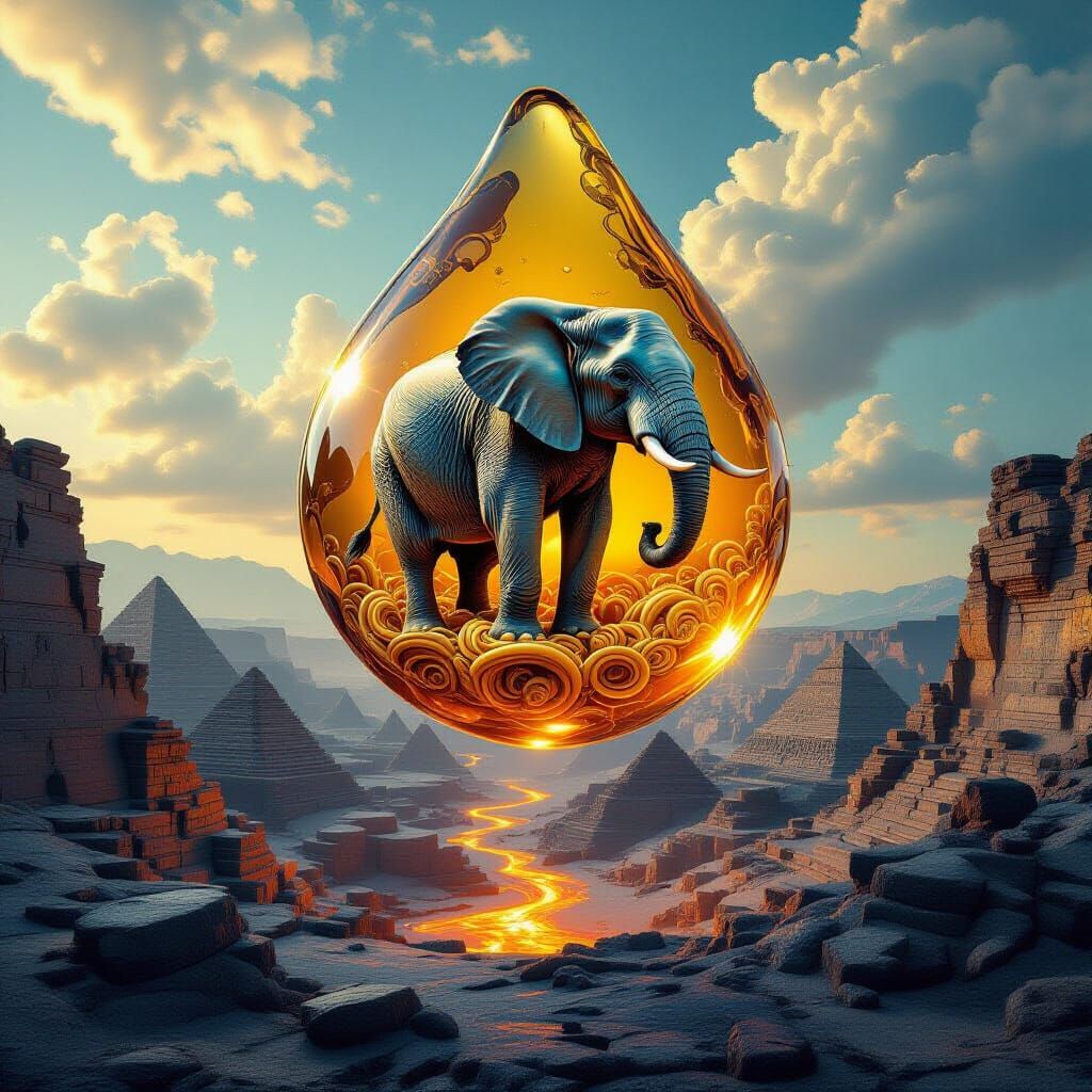 Surreal Elephant in Amber Droplet with Pyramids