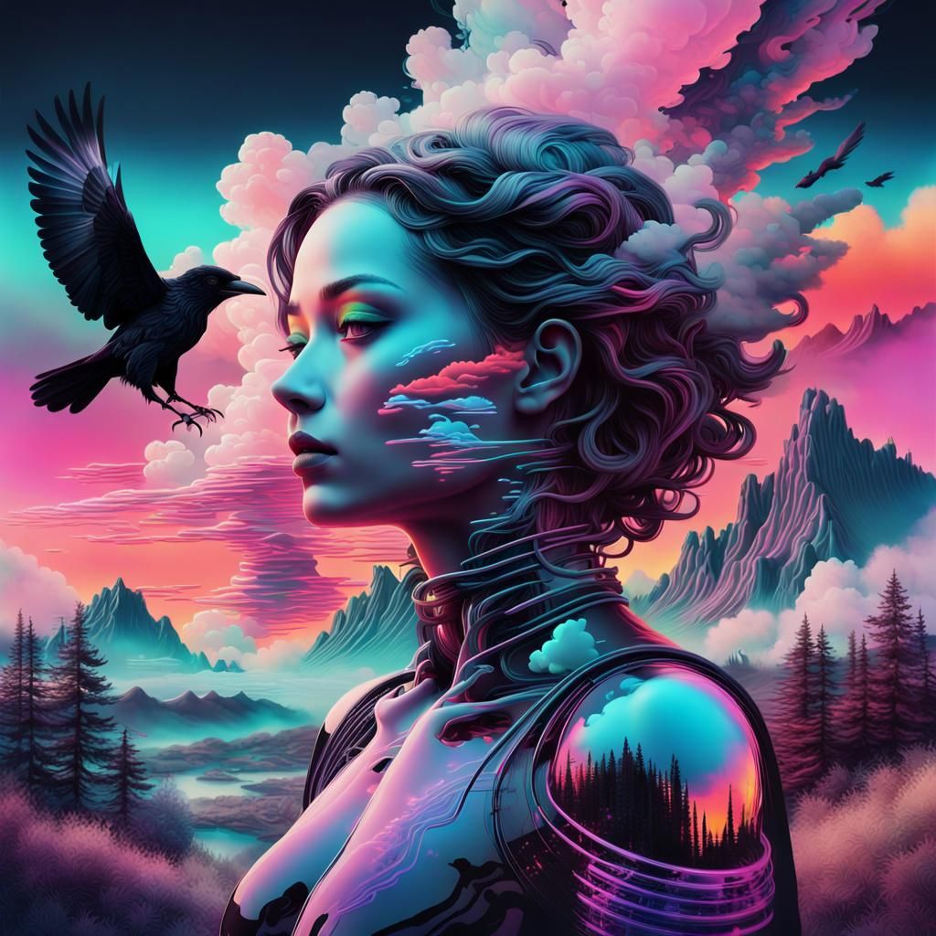 Vaporwave Raven in Neon Cloudscape
