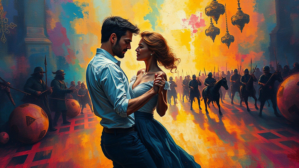 Fluorescent Impasto Dance Scene with Distant War