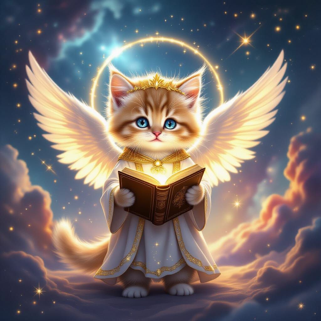 Cute Kitten with Angel Wings in Cosmic Realm