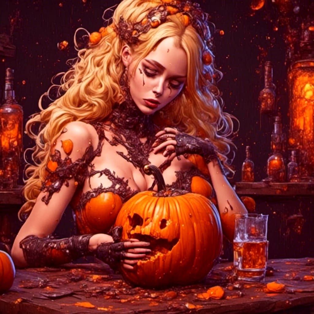 Blonde Woman with Pumpkin Booze Bottle at Oak Barrel