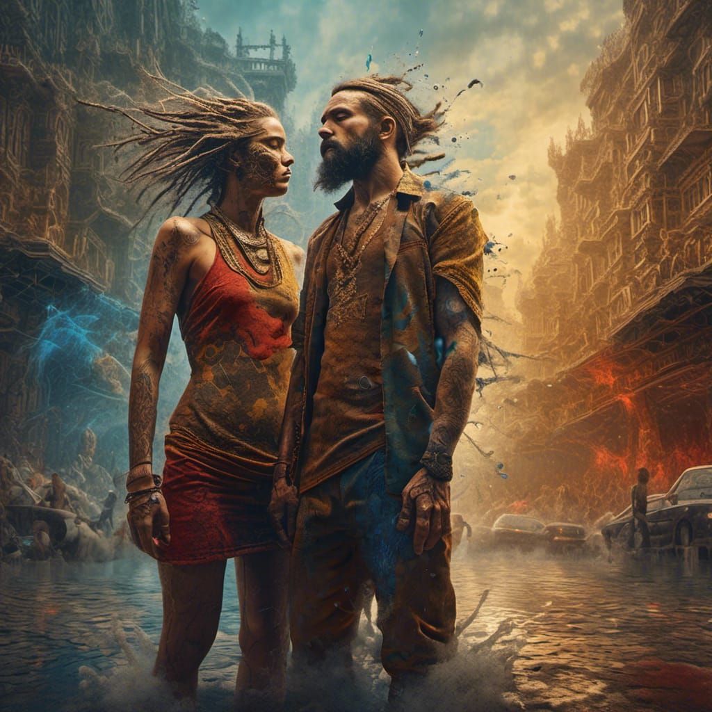 Hyperrealistic Man and Woman in Collapsed City