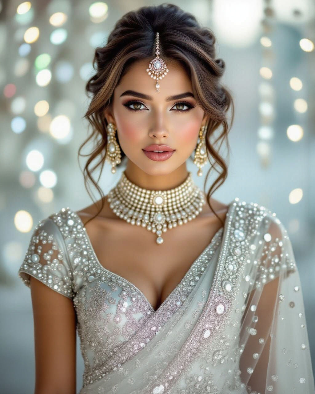 Fashionable Woman in Silver Lehenga with Pearl Background