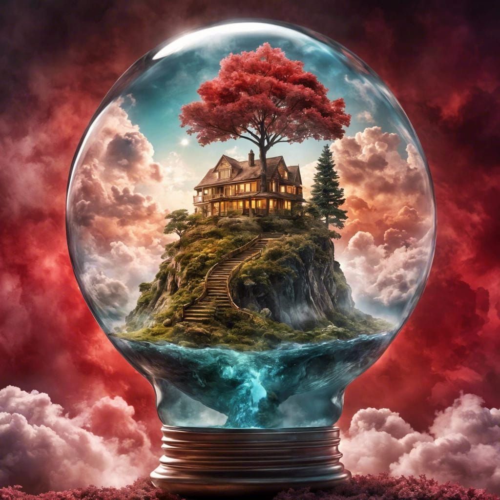 A surrealistic, ultra detailed scene of a giant light bulb f...
