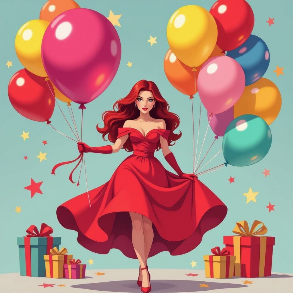 Scarlet Witch with Birthday Balloons in Vibrant Style