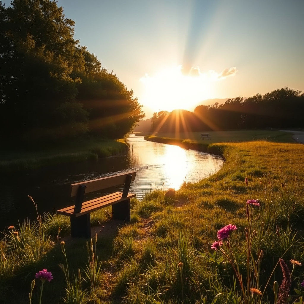Golden Hour River Scene with Wildflowers and Bench