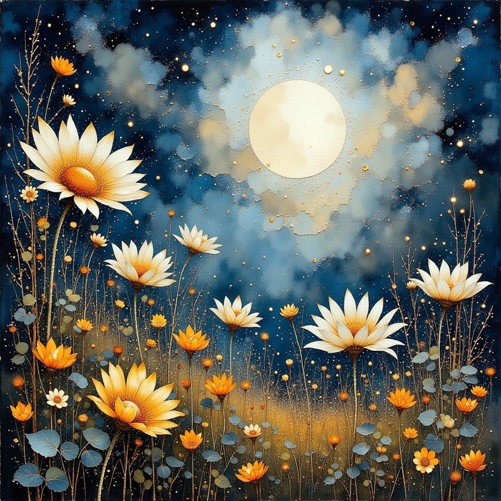 Lush Daisy Field Under Silvery Moon