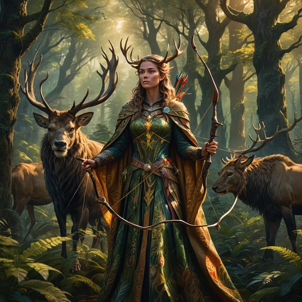 Celtic Goddess with Bow in Hyperrealistic Forest