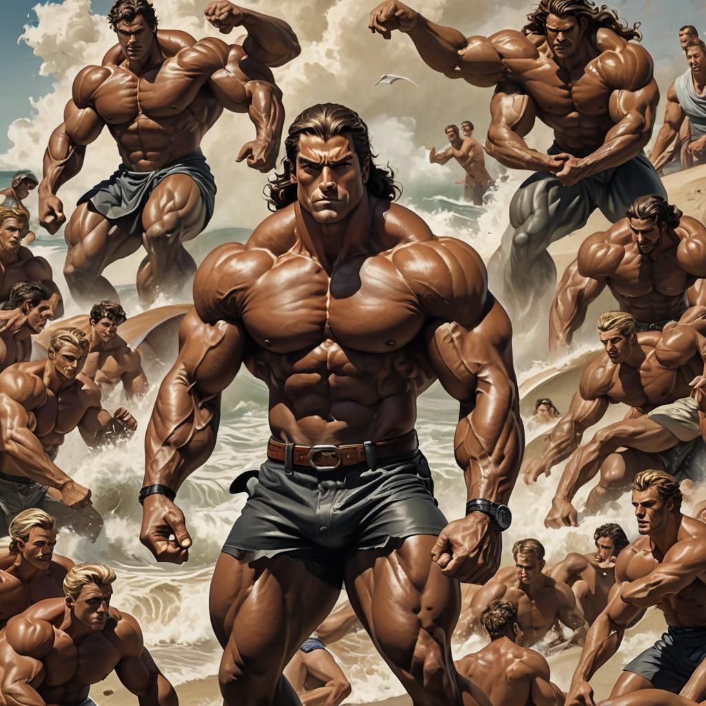 Michelangelo Style Bodybuilder Posing on Beach