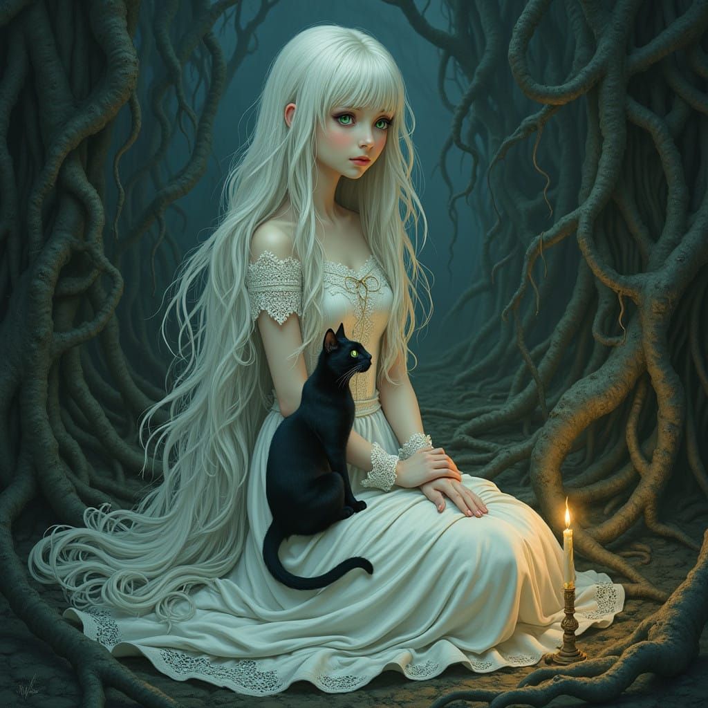 Girl with White Hair Surrounded by Mystical Forest