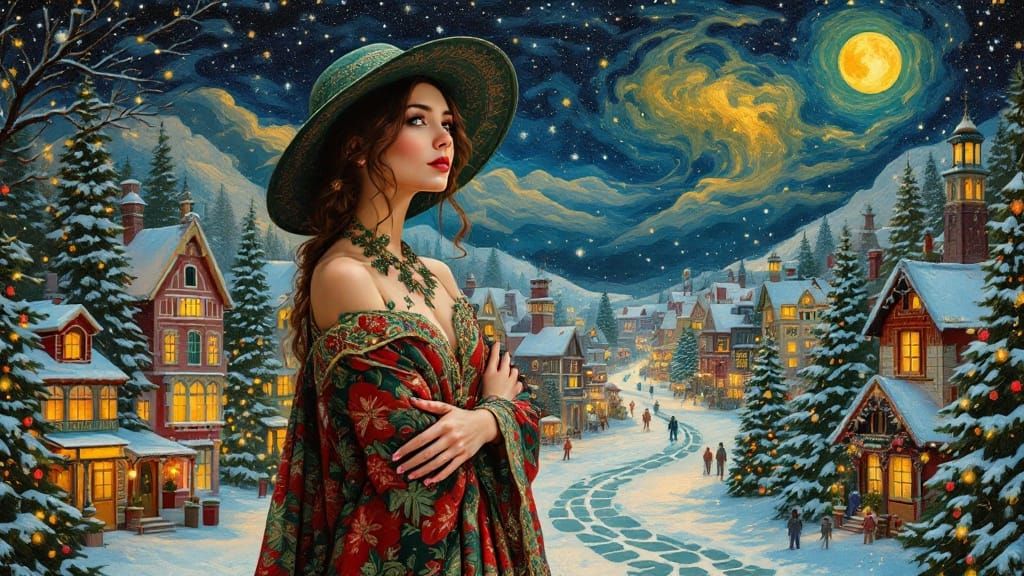 Woman in Elegant Christmas Robe Standing in Whimsical Villag...