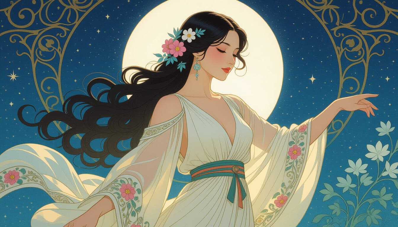 Moonlit Dancer in Flowing Tunic: Art Nouveau Style