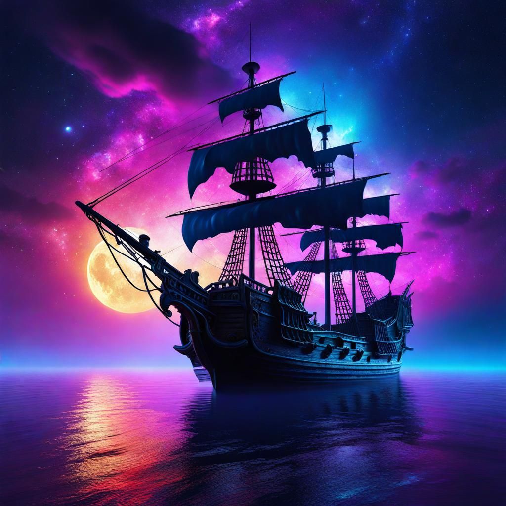 Mystical Pirate Ship on Galaxy Sea: Digital Art