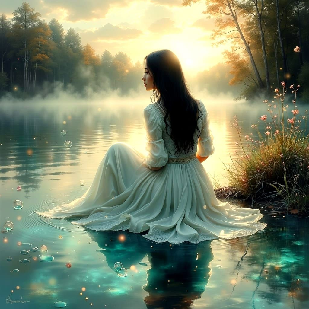 Ethereal Lady by Misty Lake with Bubbles