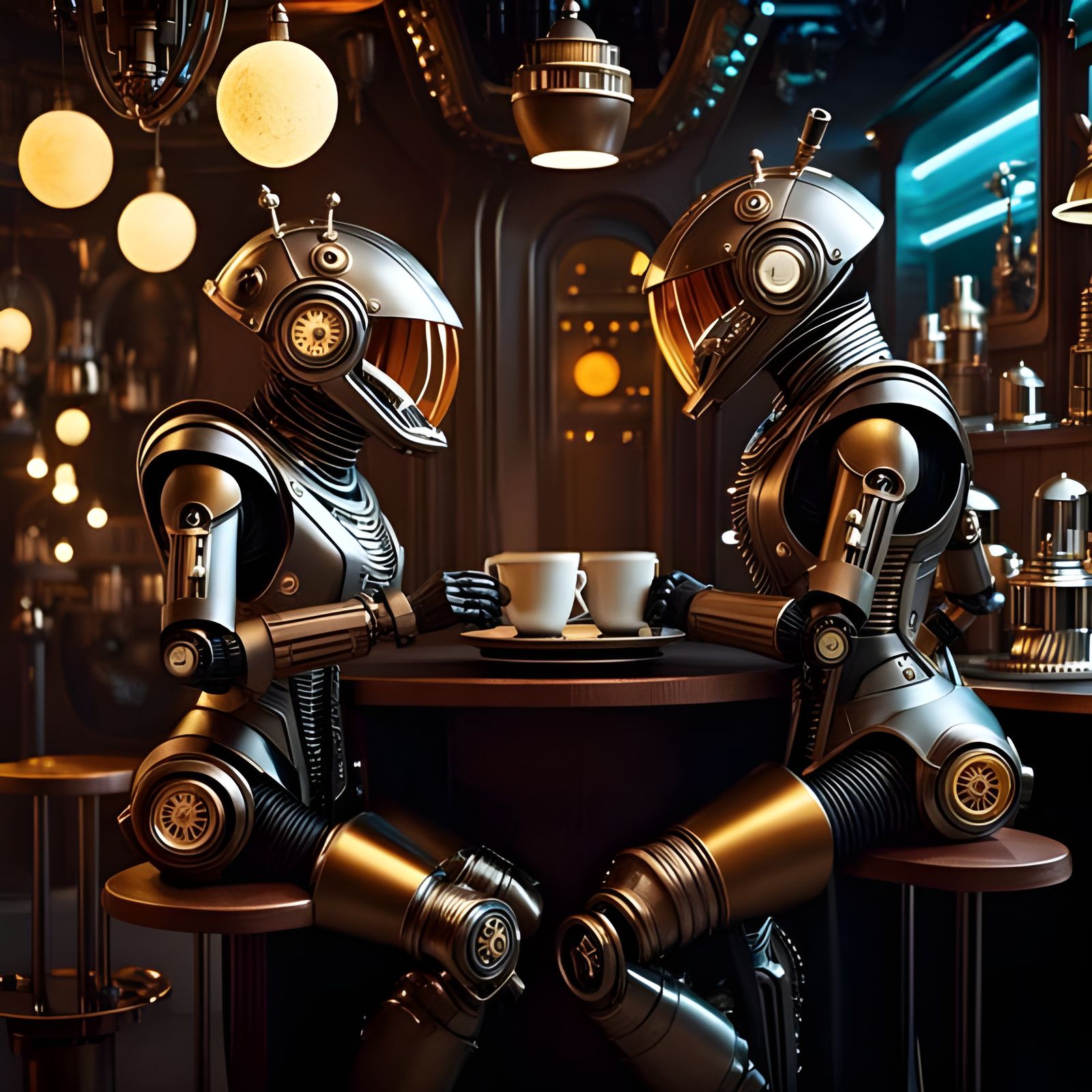 Steampunk Coffee Shop on the Moon with Robots