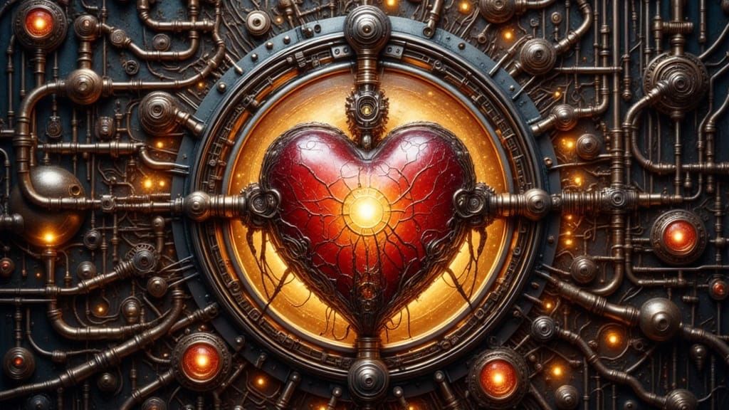 Glowing Glass Heart at the Center of a Steampunk Machine