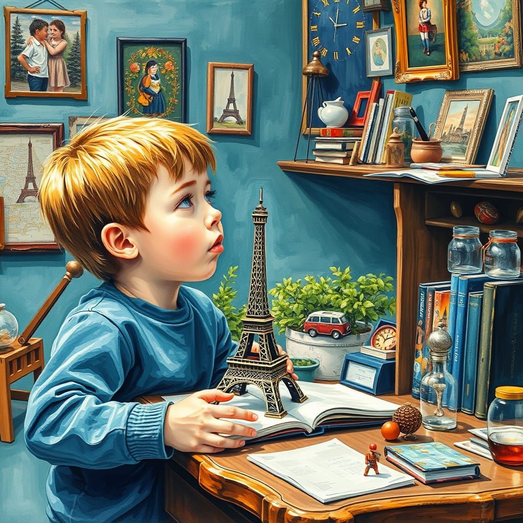 Boy's Wonder: Eiffel Tower Miniature in Gouache Style