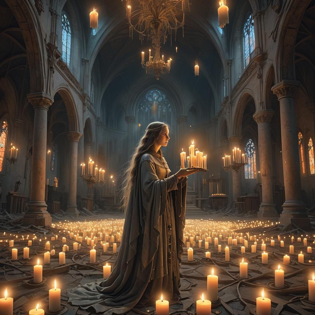 Ethereal Servant in Dreamlike Abandoned Church