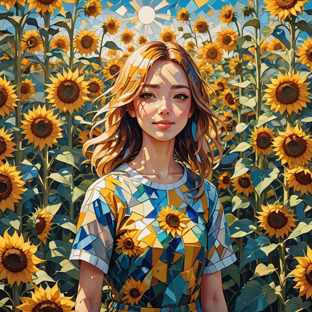 Girl in Sunflowers: Vibrant Cubist Anime Painting