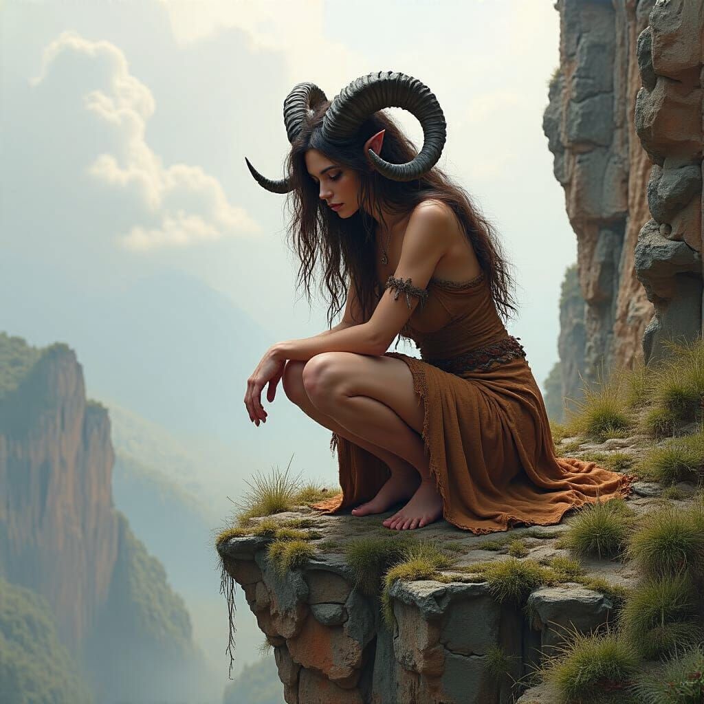 Horned Goddess on Mountain Cliff
