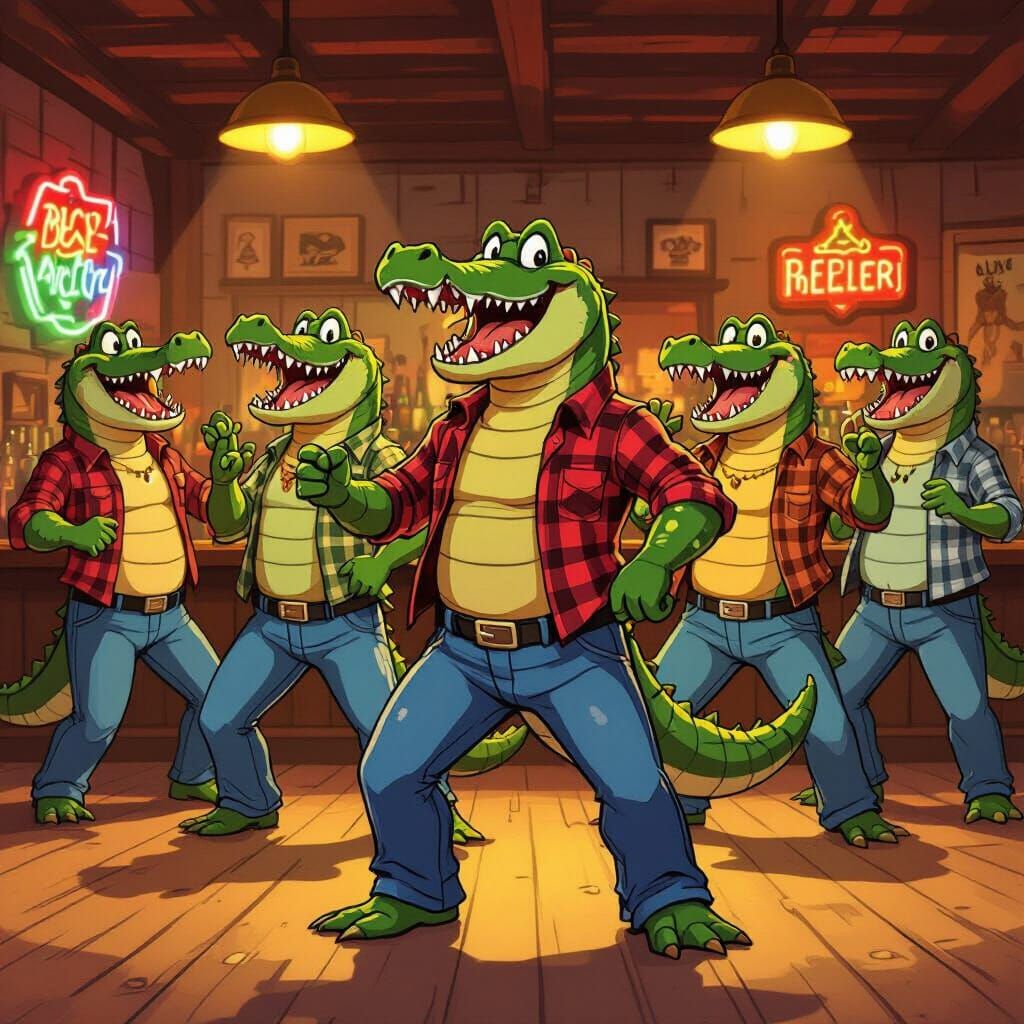 Alligator Shifters Line Dancing in a 1950s Cartoon Bar