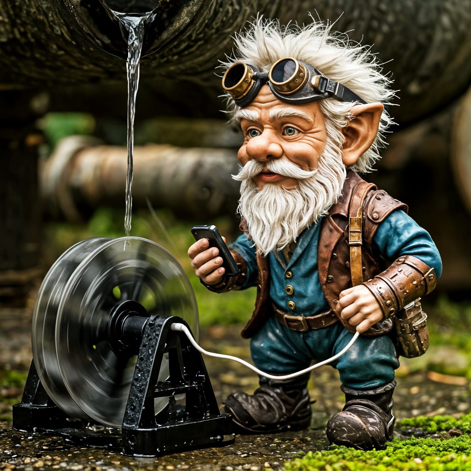 Steampunk Gnome Inventor Charges Phone with Waterwheel Gener...