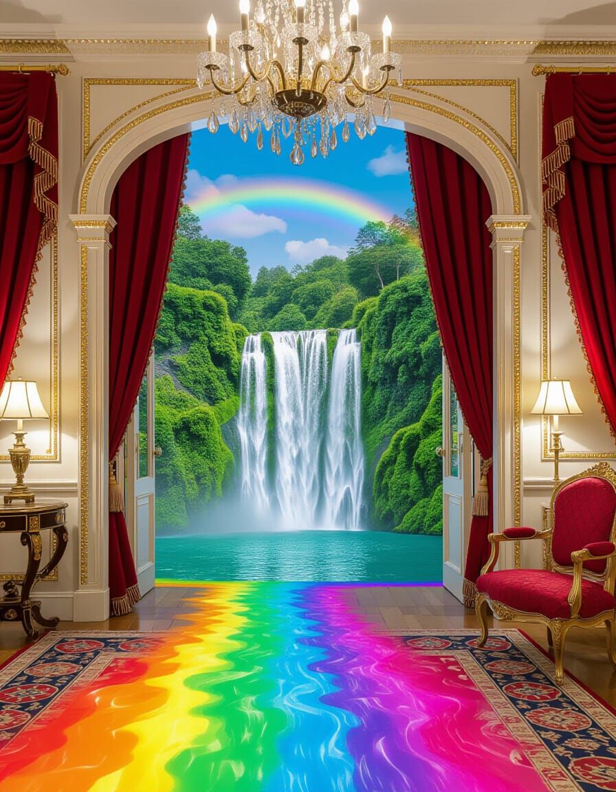 Surreal Waterfall Interior: Vibrant Dreamscape