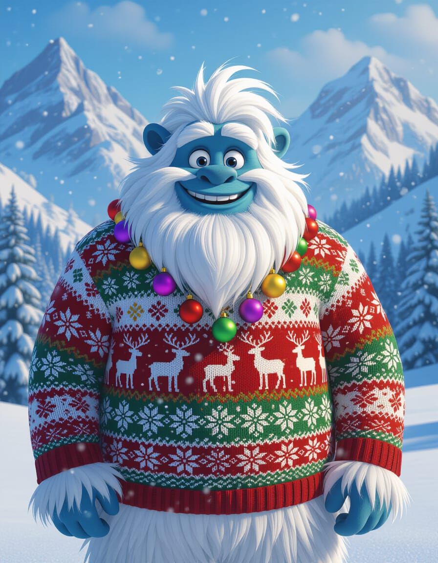 Friendly Yeti in Ugly Christmas Sweater in Snowy Landscape