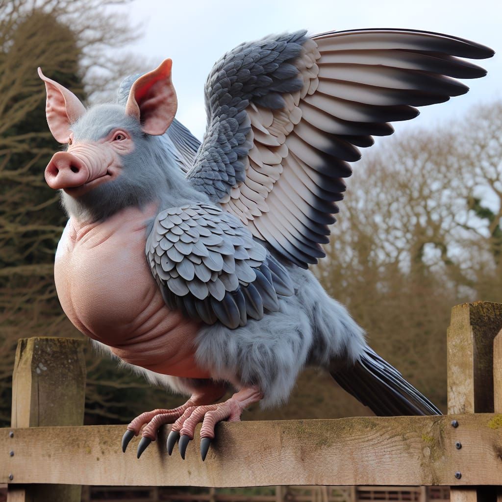 Fantastical Pig Pigeon Hybrid Soars in Rustic Countryside
