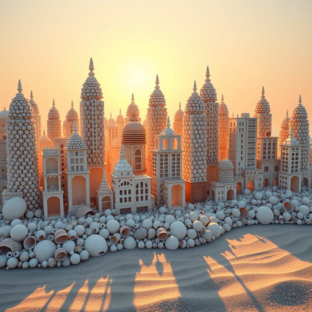 Seashell Cityscape in Kinetic Op Art Style