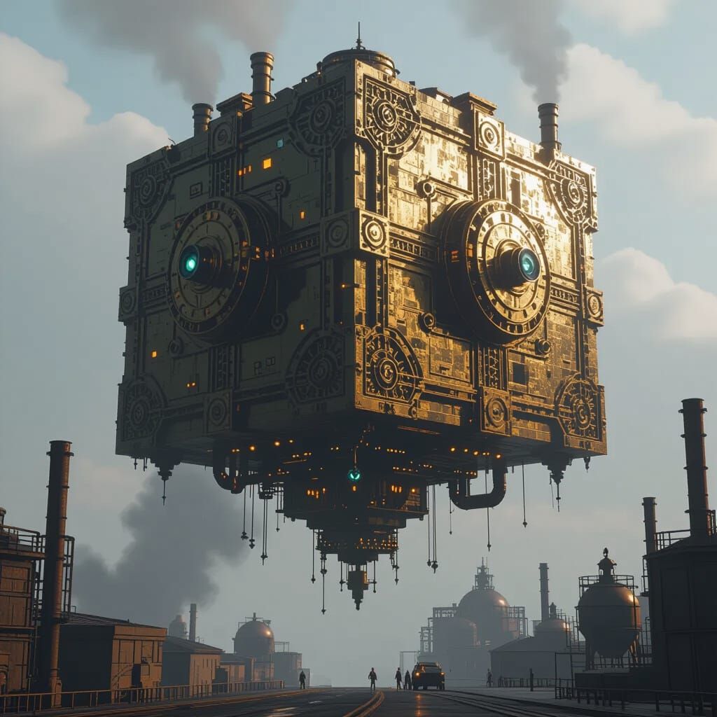 Steampunk Borg Cube Soaring in Industrial Sky