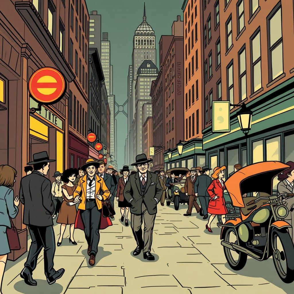 Vintage City Street Scene in Bold Comic Book Style