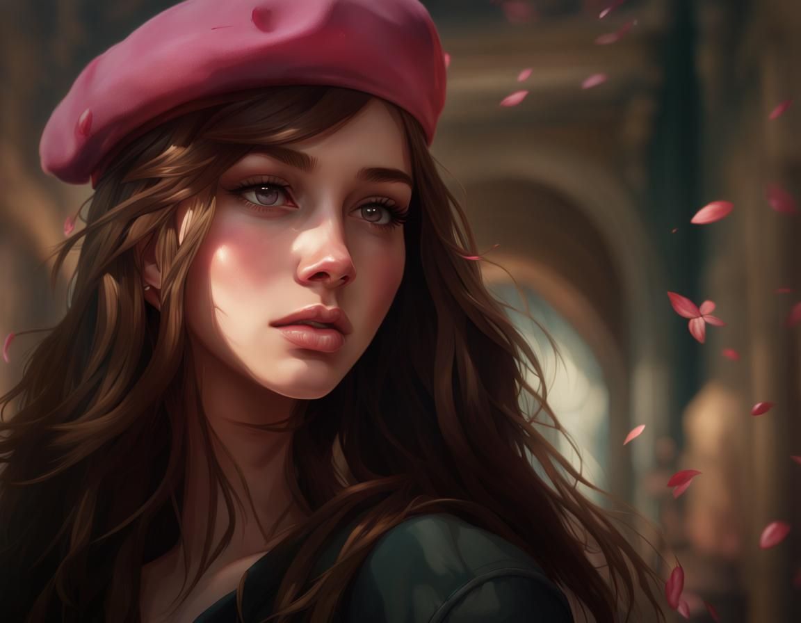 Detailed Portrait of Girl with Beret in Art Nouveau Style