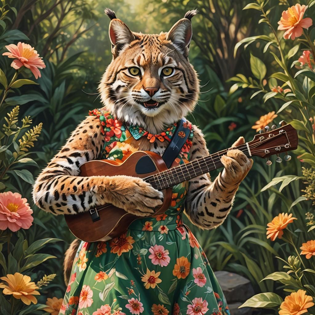 Bobcat in Floral Dress Plays Ukulele: Photorealistic Art