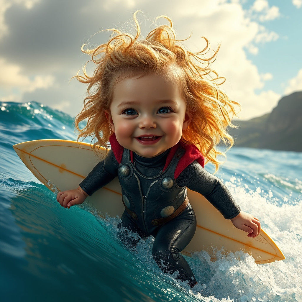 Baby Thor Surfing: Digital Art