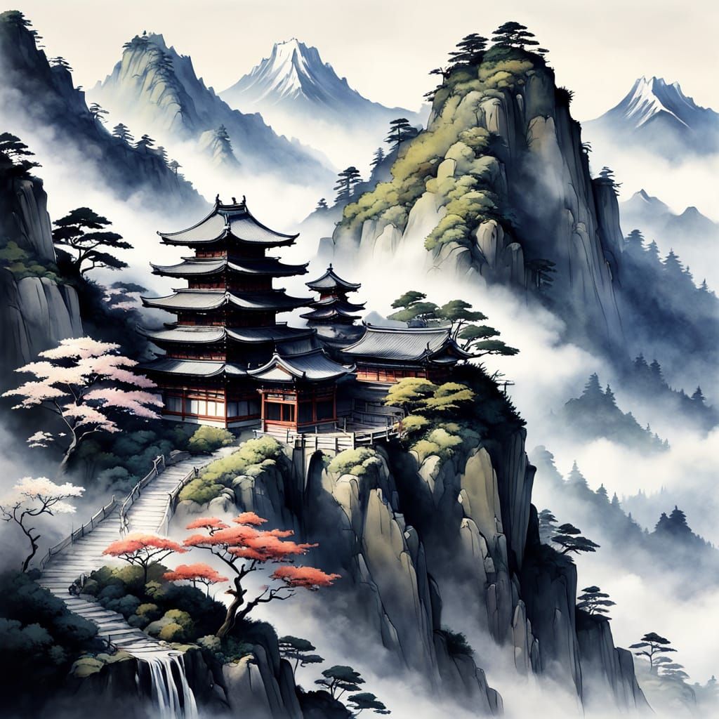 Misty Mountain Pagodas in Japanese Ink Wash Style