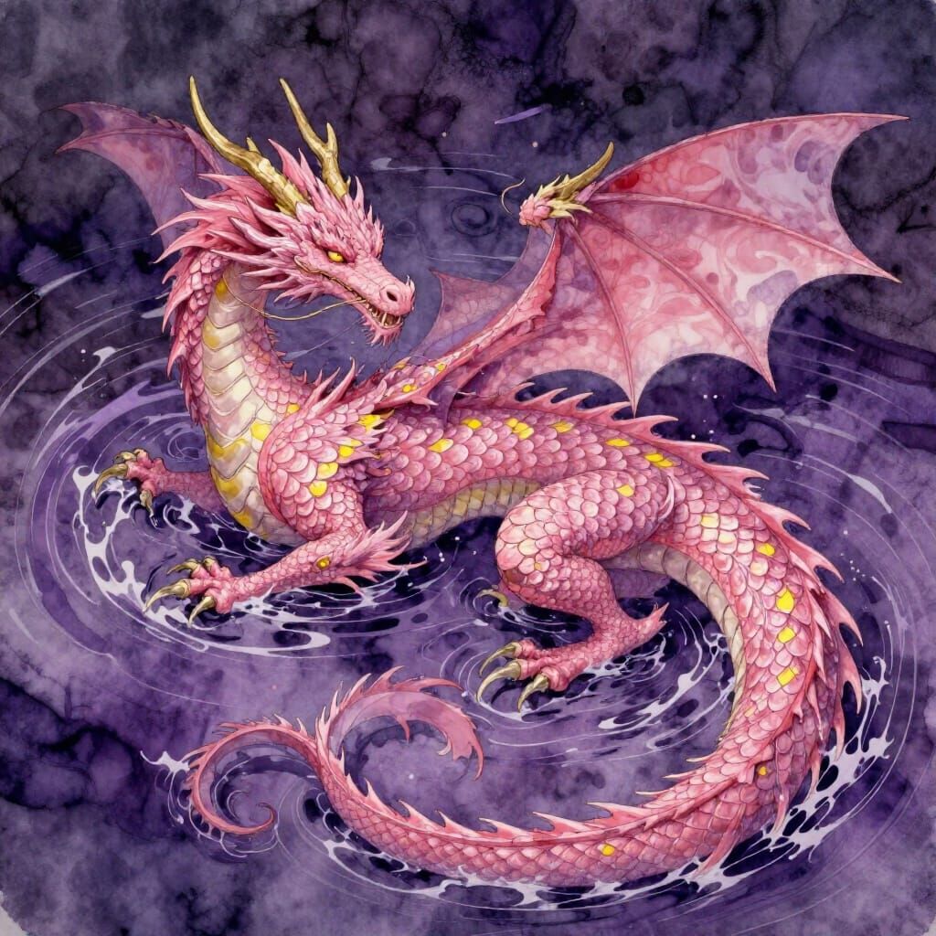 Pink Dragon Rests in Violet Pool Watercolor Masterpiece